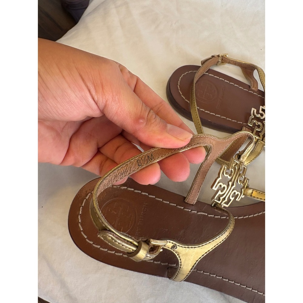 Tory Burch Miller Metallic Gold Leather Thong Ankle Strap Sandals Womens 8.5 M - Picture 4 of 6